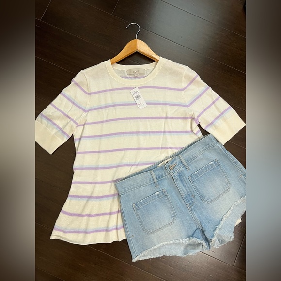 Loft Stripped Cotton Peplum Style Thin Sweater Top Size Medium - Picture 2 of 7